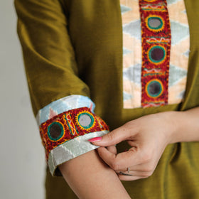 Olive green - plain slub silk long straight kurta with ikat