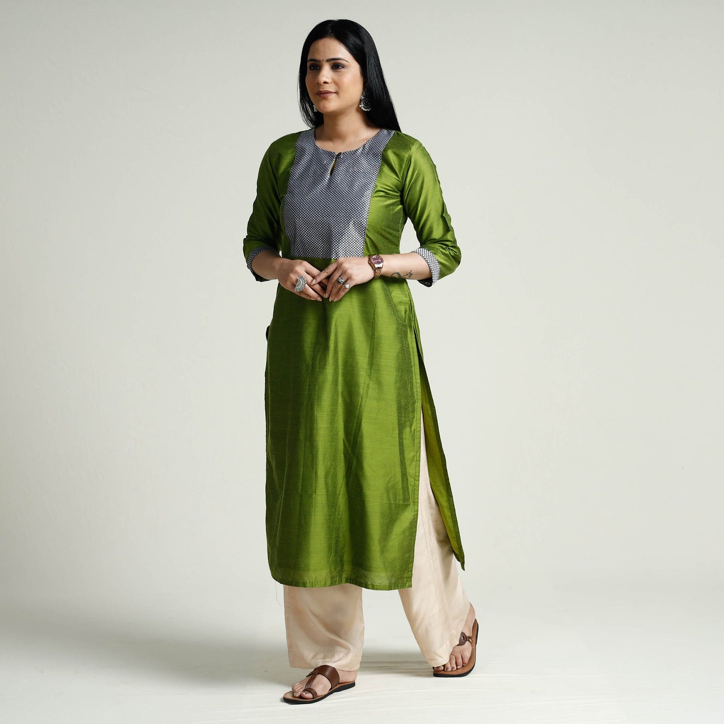 Olive Green - Plain Silk Long Straight Kurta