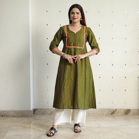 Olive green - plain solid slub silk kurta with beadwork