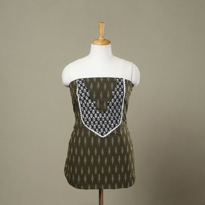  Olive Green Pochampally Ikat Patchwork Cotton Kurta Material