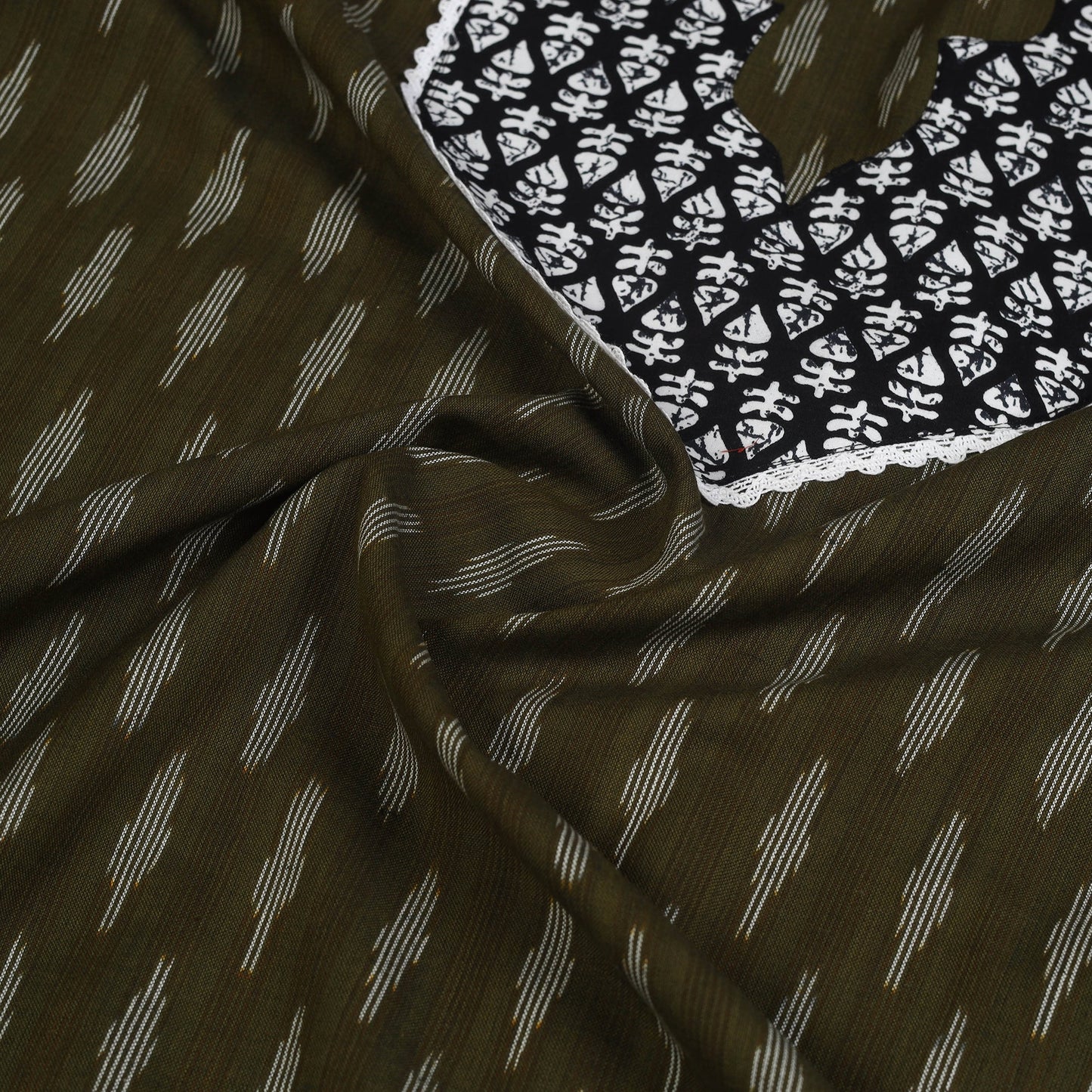  Olive Green Pochampally Ikat Patchwork Cotton Kurta Material