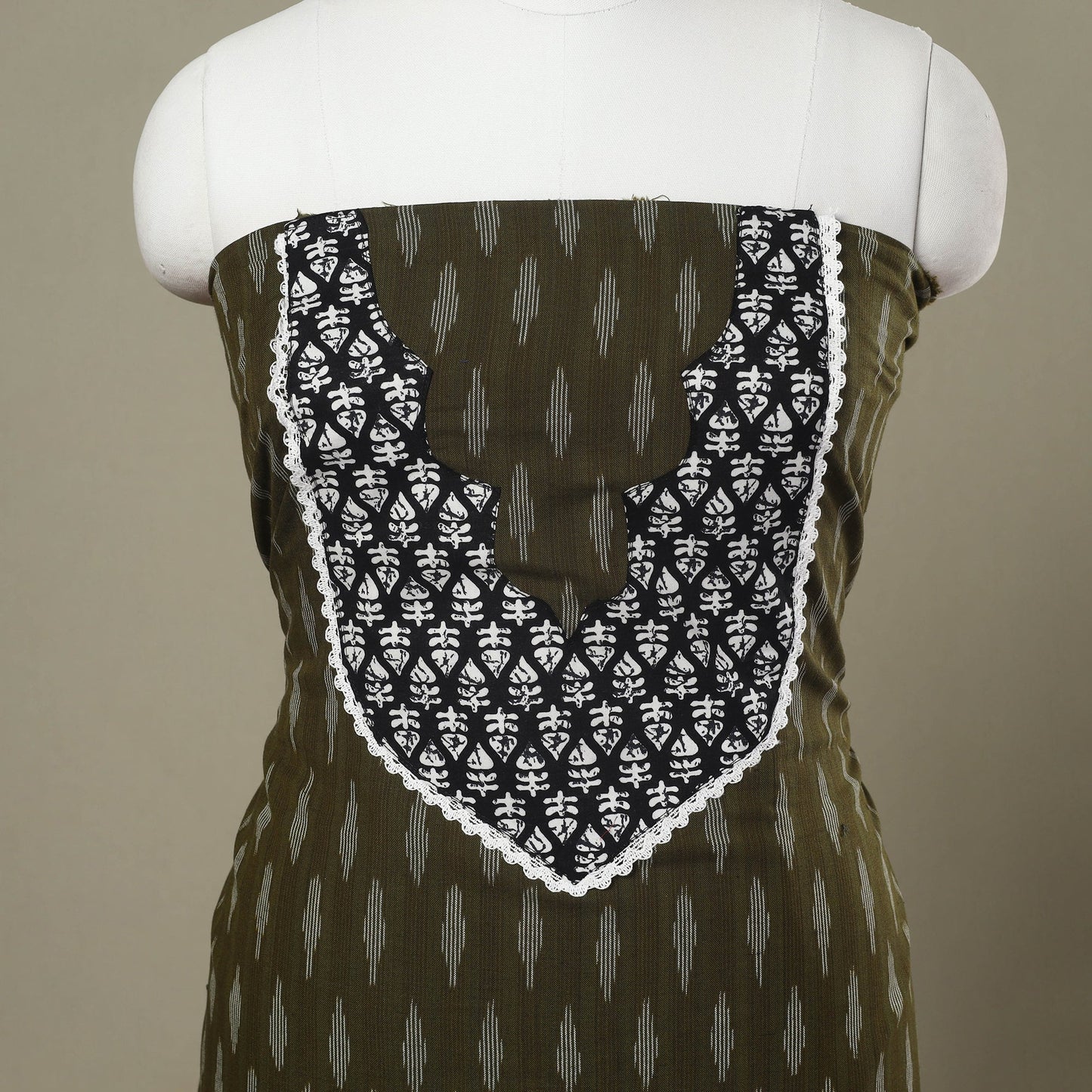  Olive Green Pochampally Ikat Patchwork Cotton Kurta Material