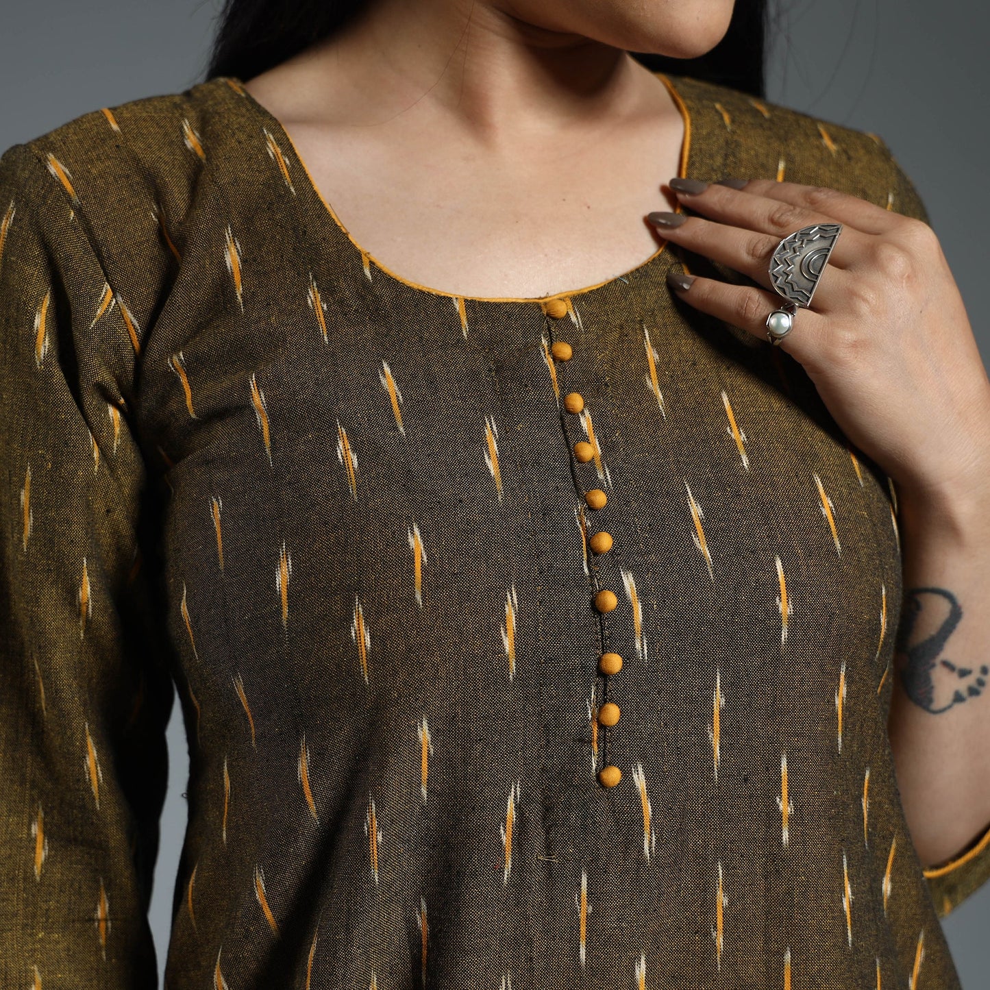  Pochampally Ikat Weave Cotton Long A-Line Kurta 17 