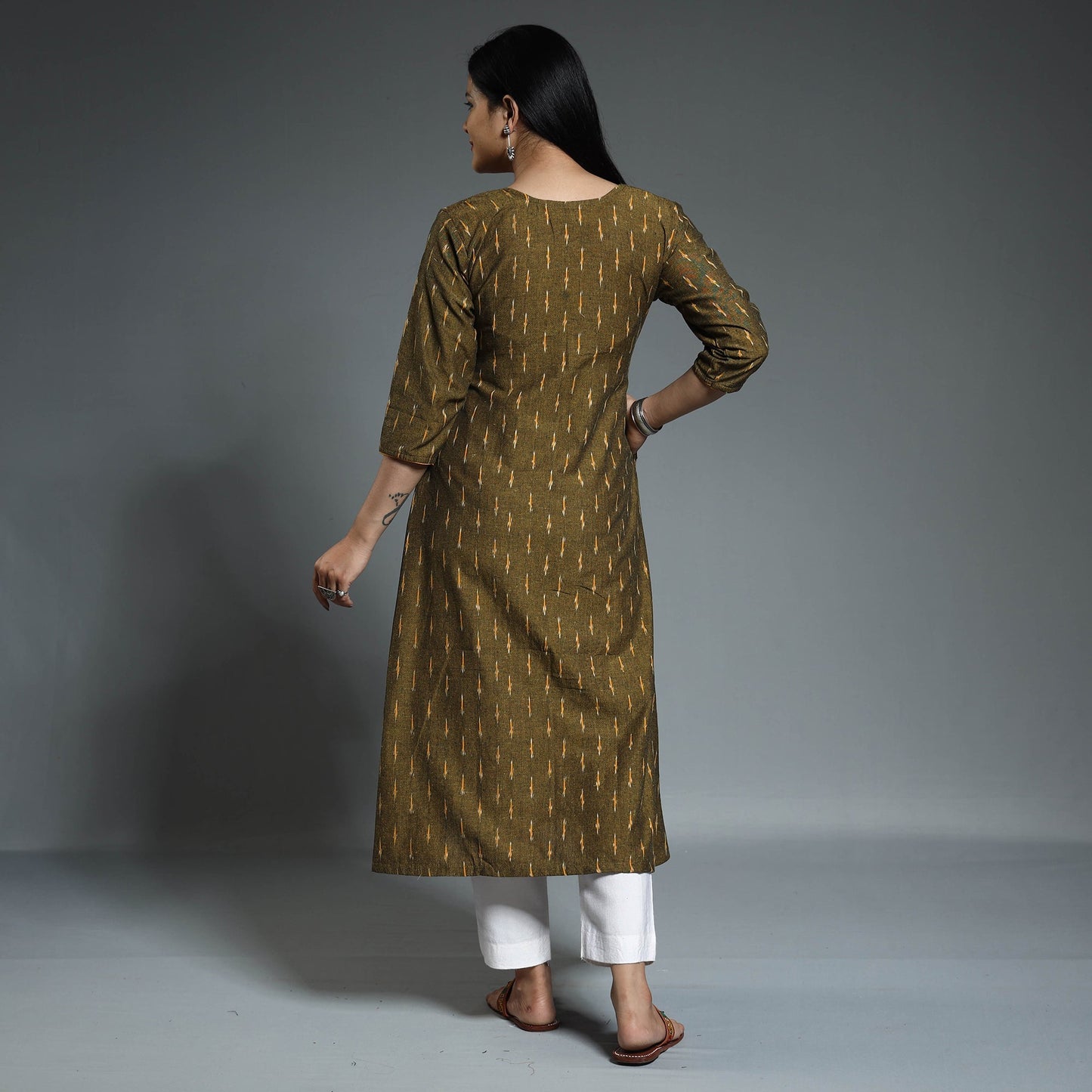  Pochampally Ikat Weave Cotton Long A-Line Kurta 17 