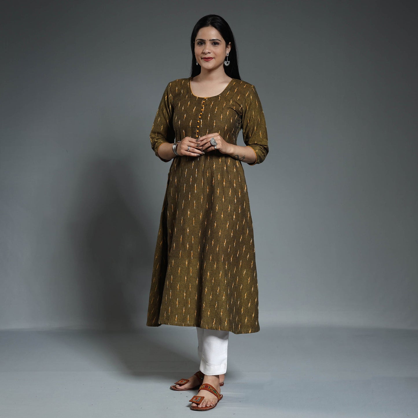  Pochampally Ikat Weave Cotton Long A-Line Kurta 17 