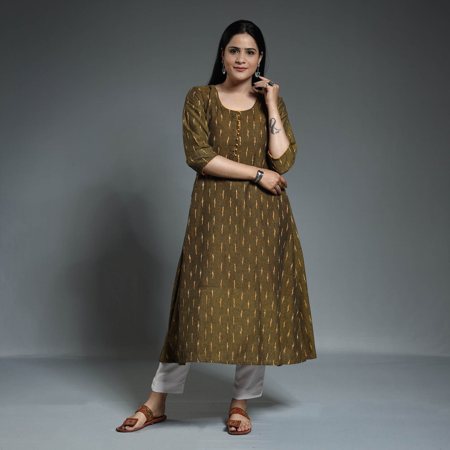  Pochampally Ikat Weave Cotton Long A-Line Kurta 17 
