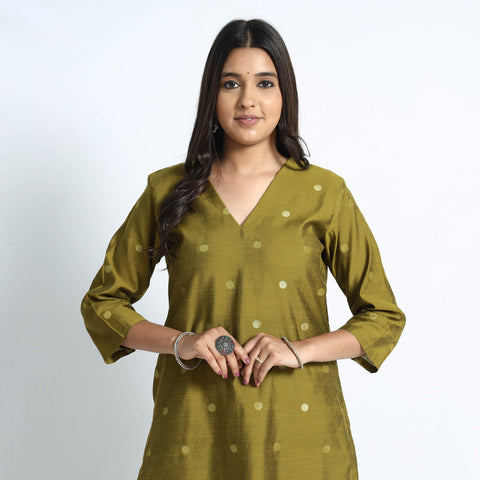  Polka Zari Buti Spun Dupion Silk Long Kurta 