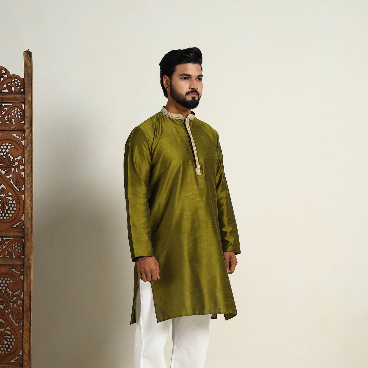 Olive Green - Slub Silk Kurta for Men with Detailed Neckline Work 10
