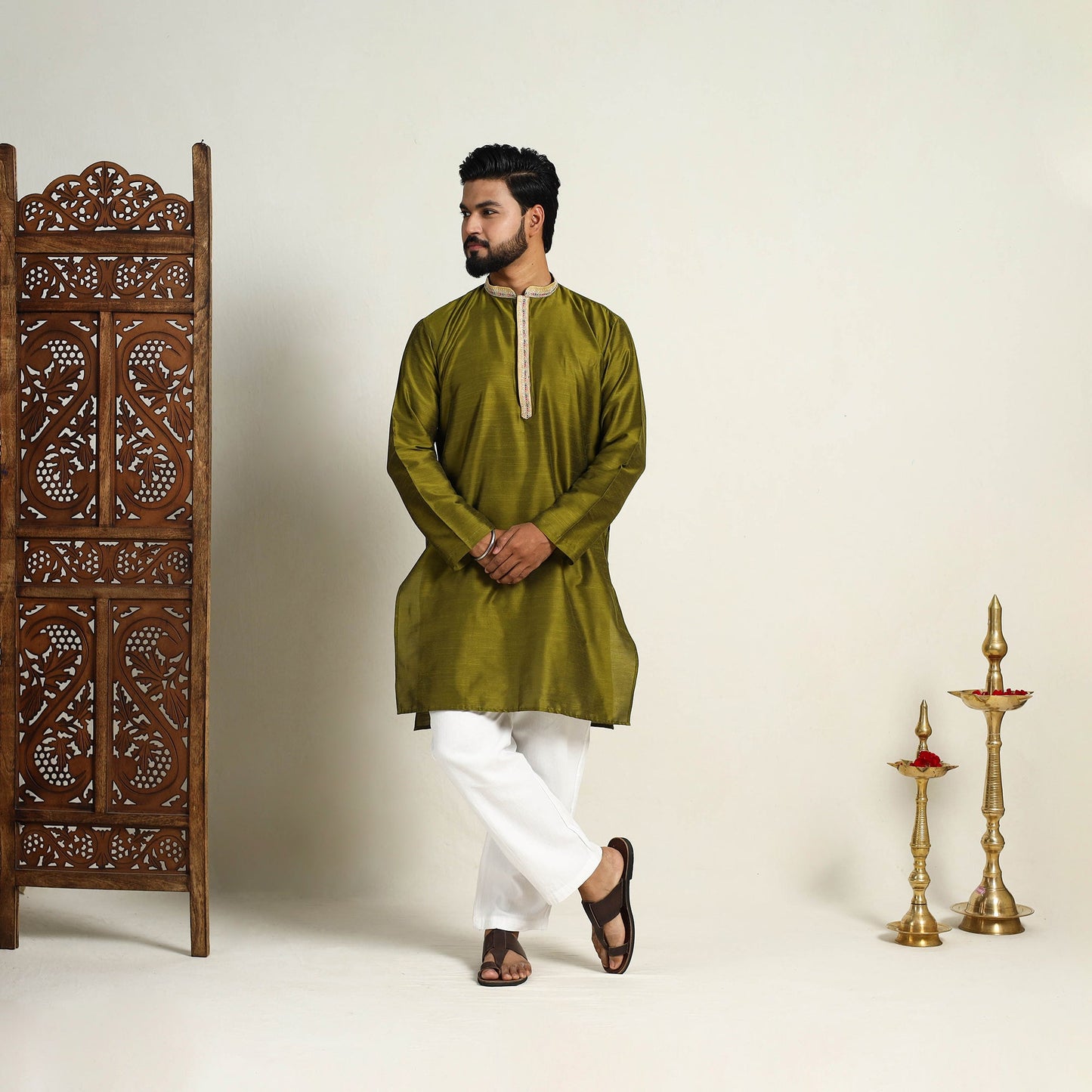 Olive Green - Slub Silk Kurta for Men with Detailed Neckline Work 10