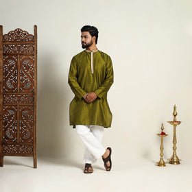 Olive Green - Slub Silk Kurta for Men with Detailed Neckline Work 10