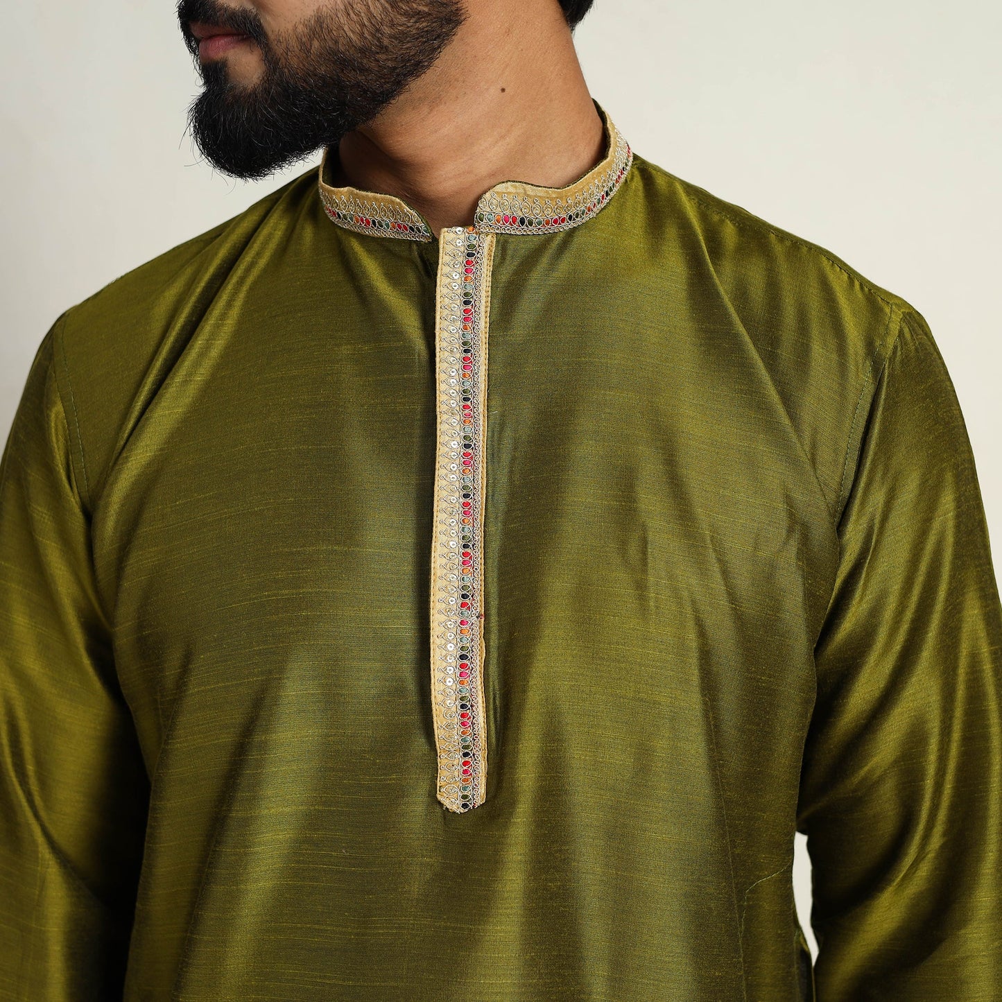 Olive Green - Slub Silk Kurta for Men with Detailed Neckline Work 10