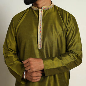 Olive Green - Slub Silk Kurta for Men with Detailed Neckline Work 10