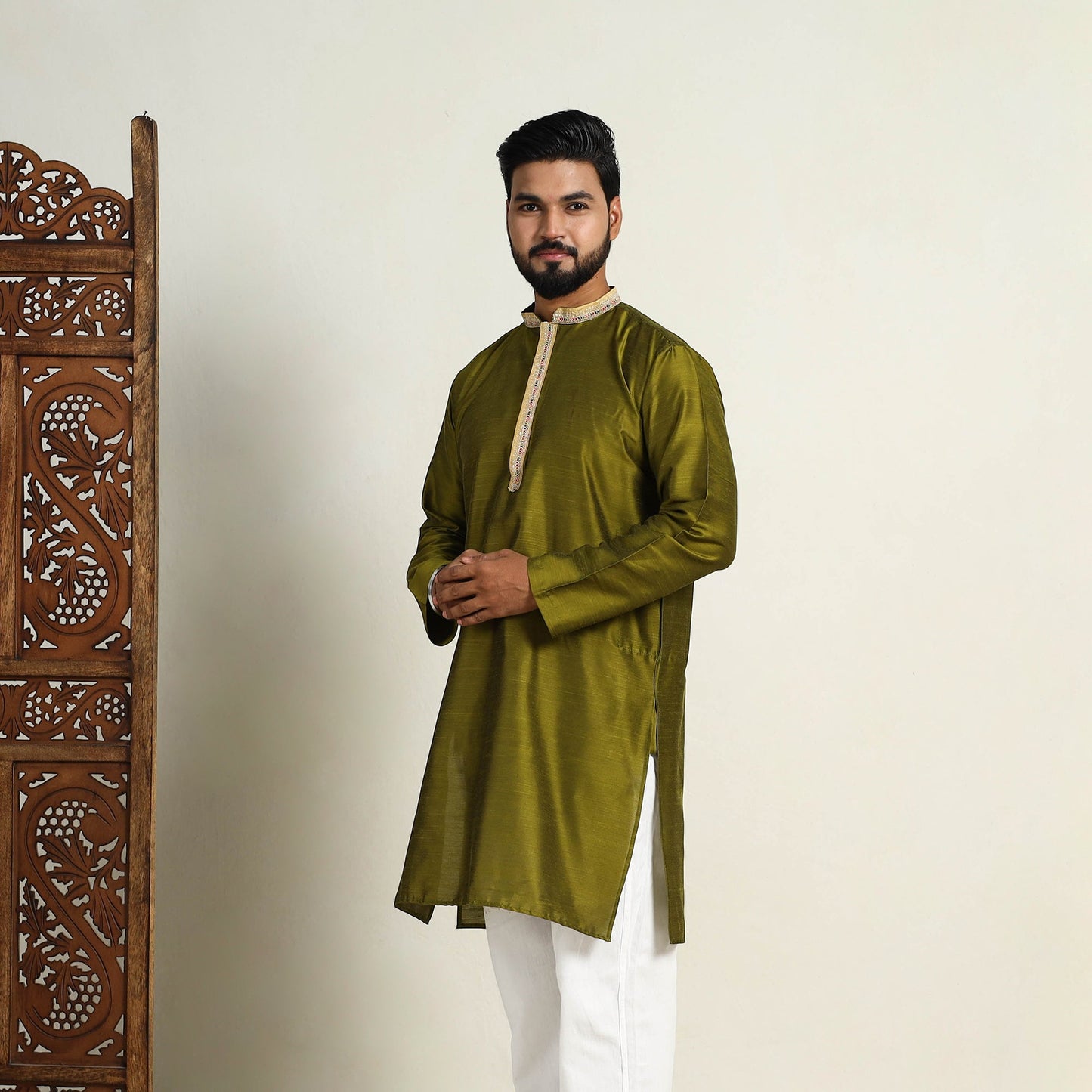 Olive Green - Slub Silk Kurta for Men with Detailed Neckline Work 10