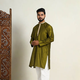 Olive Green - Slub Silk Kurta for Men with Detailed Neckline Work 10