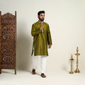 Olive Green - Slub Silk Kurta for Men with Detailed Neckline Work 10