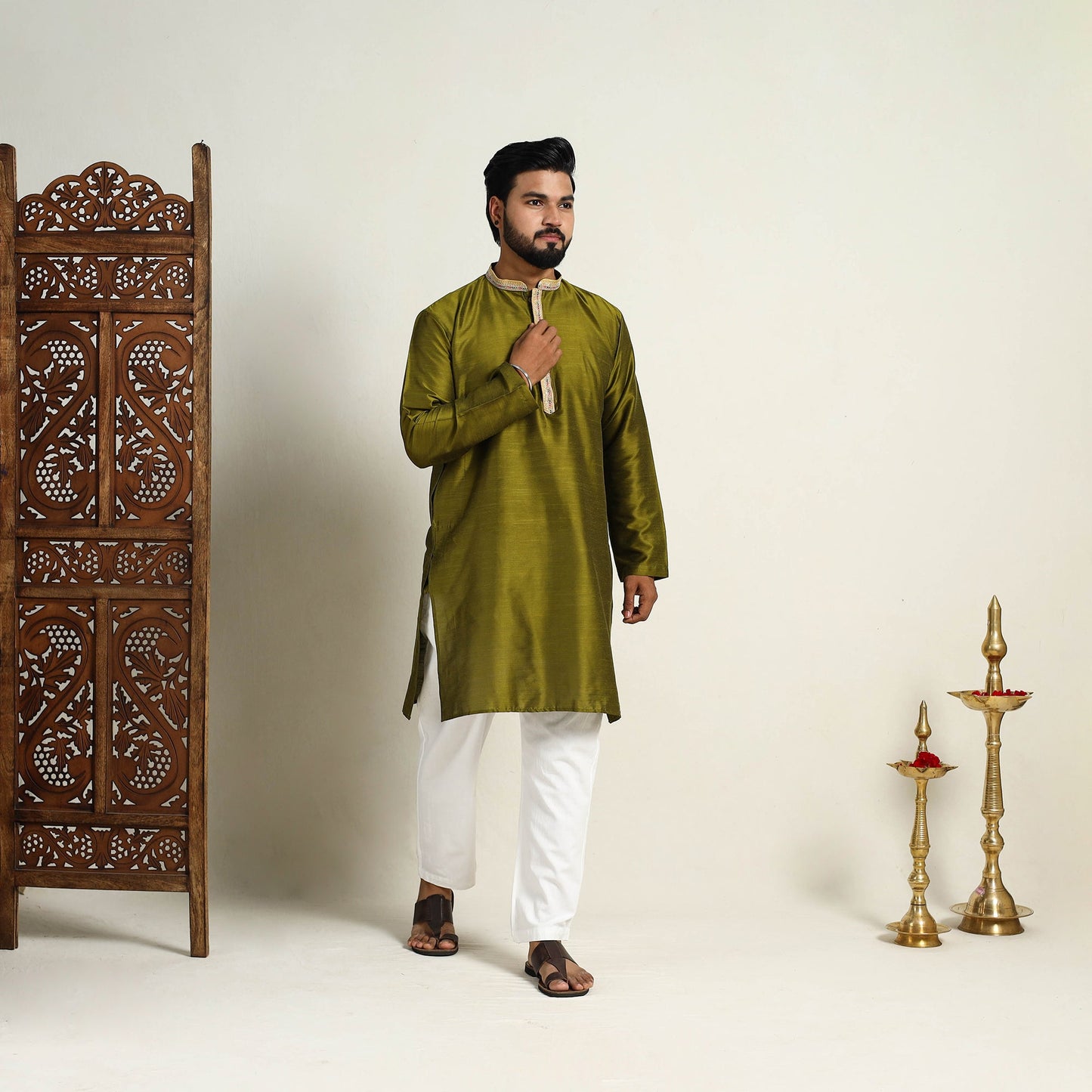 Olive Green - Slub Silk Kurta for Men with Detailed Neckline Work 10
