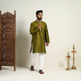 Olive Green - Slub Silk Kurta for Men with Detailed Neckline Work 10