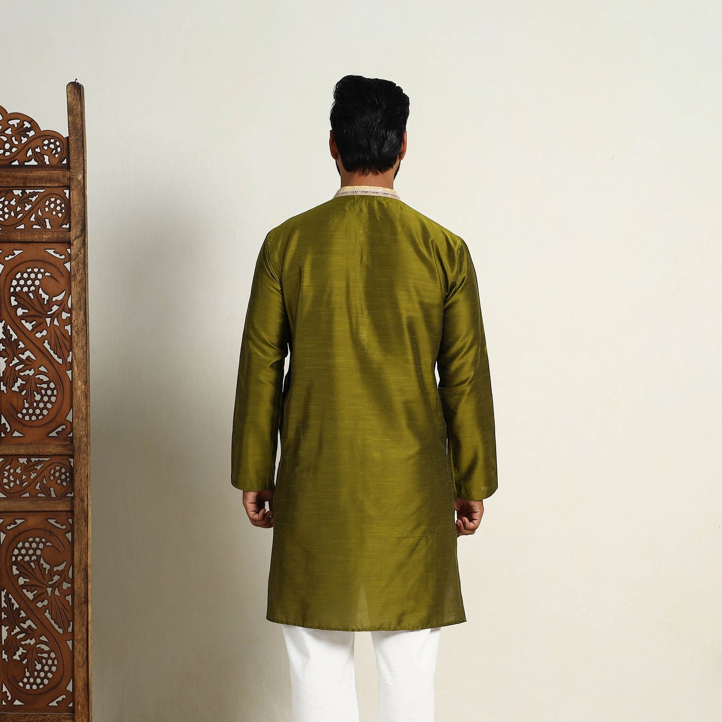 Olive Green - Slub Silk Kurta for Men with Detailed Neckline Work 10