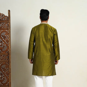 Olive Green - Slub Silk Kurta for Men with Detailed Neckline Work 10