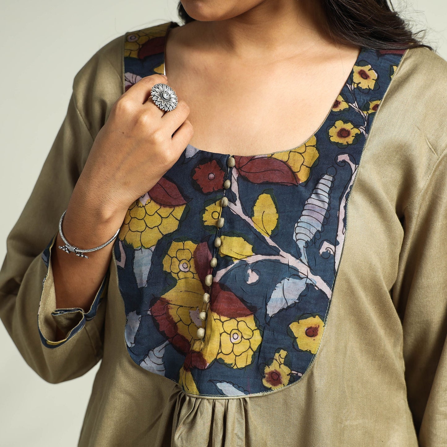 Olive green - srikalahasti kalamkari patchwork plain linen