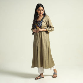 Olive green - srikalahasti kalamkari patchwork plain linen