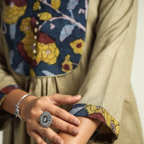 Olive green - srikalahasti kalamkari patchwork plain linen