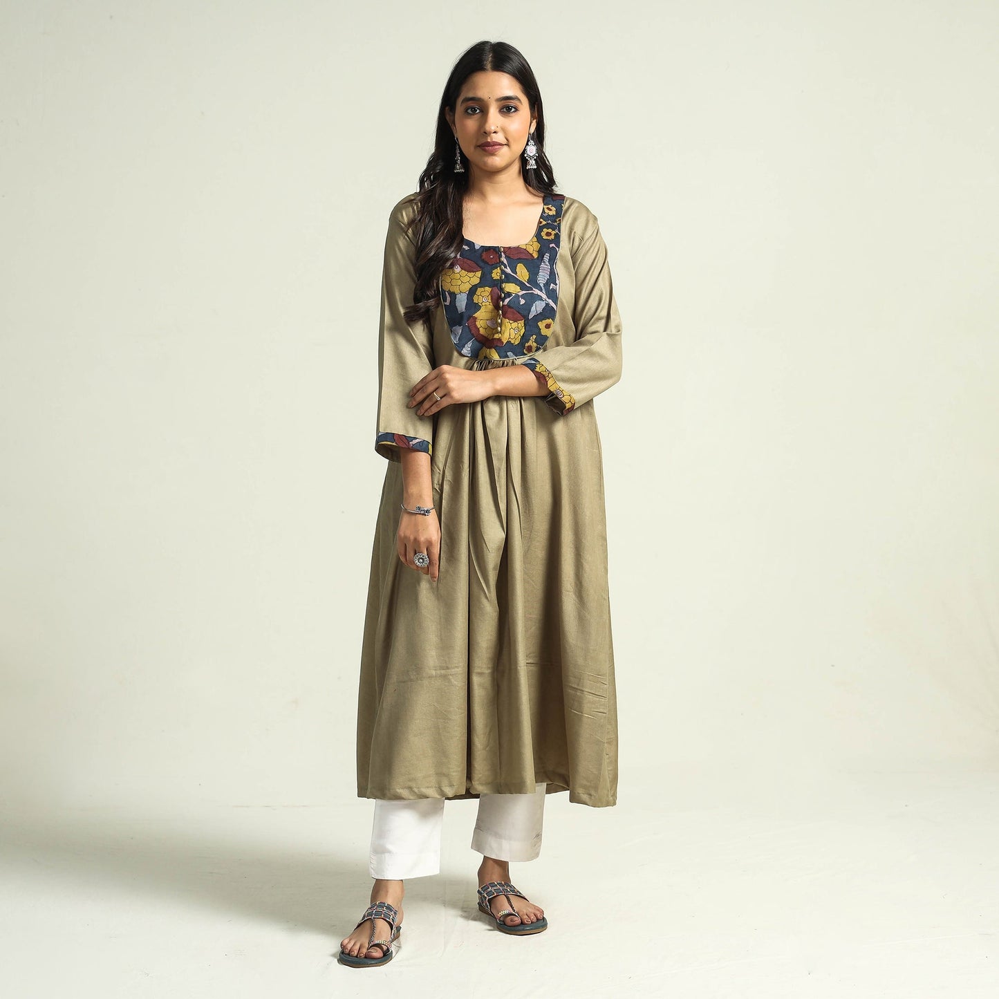 Olive green - srikalahasti kalamkari patchwork plain linen