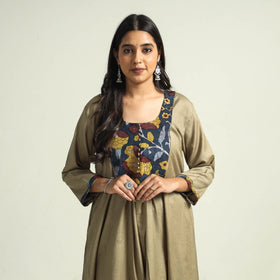 Olive green - srikalahasti kalamkari patchwork plain linen