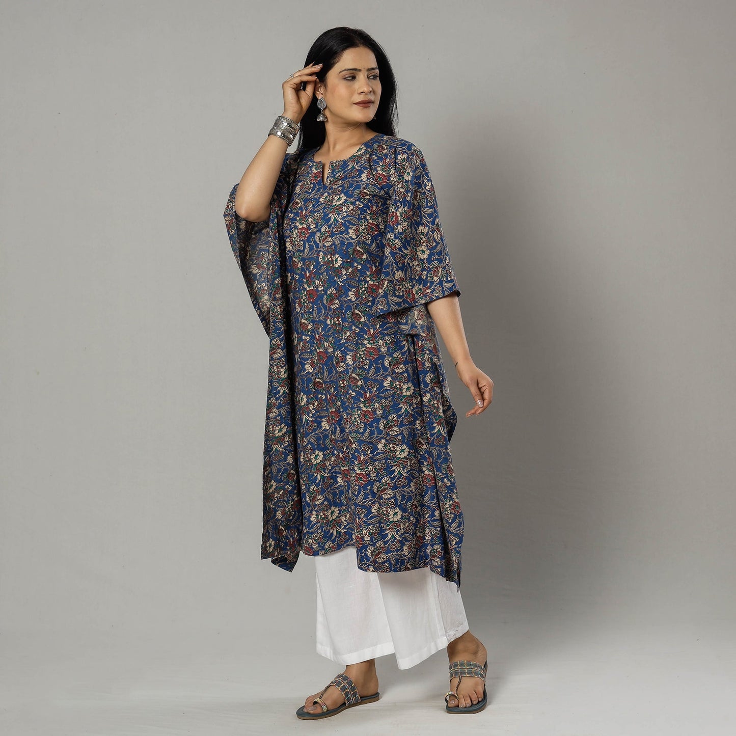 Cornflower Blue Kalamkari Print Cotton Kaftan Kurta For Women