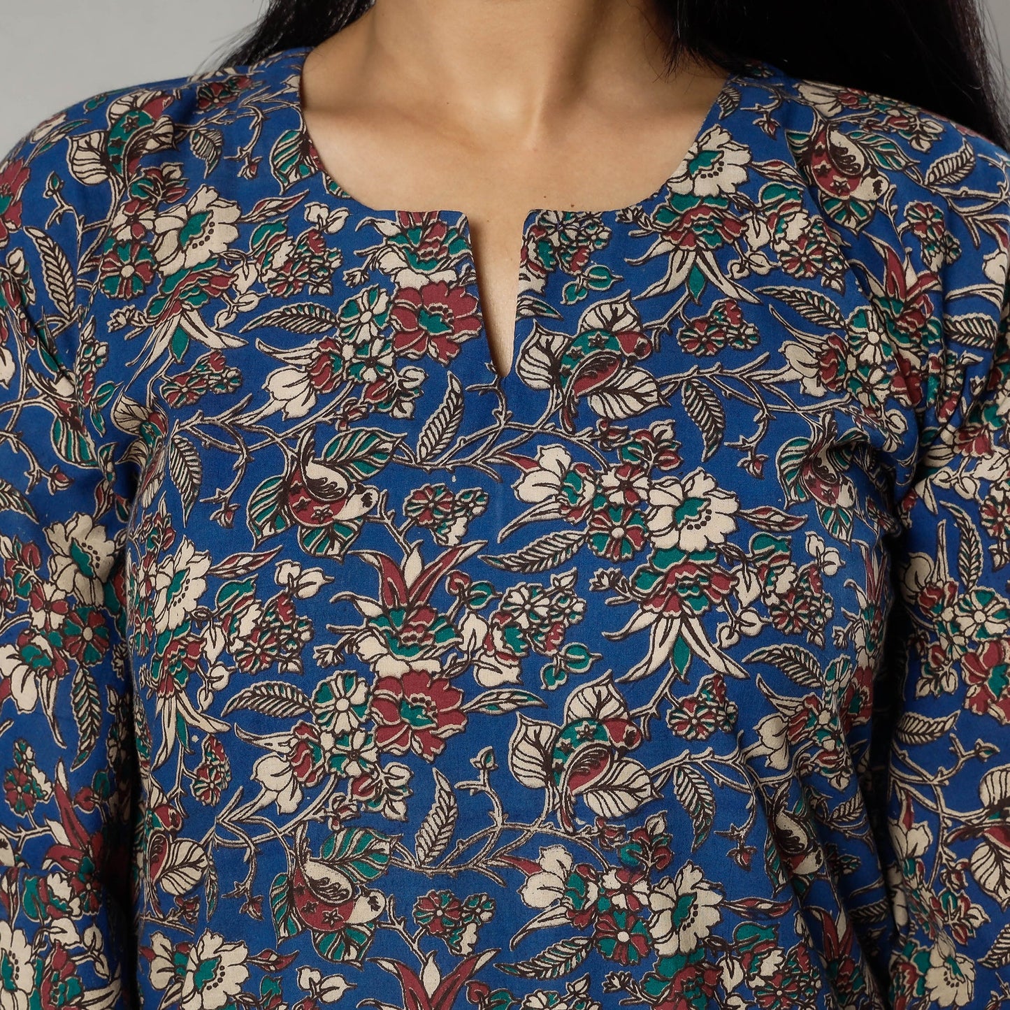 Cornflower Blue Kalamkari Print Cotton Kaftan Kurta For Women