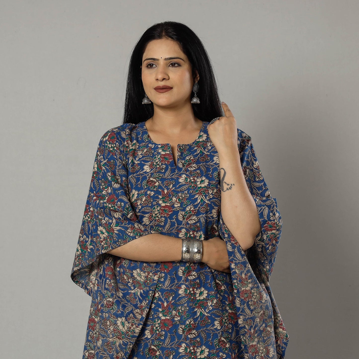 Cornflower Blue Kalamkari Print Cotton Kaftan Kurta For Women
