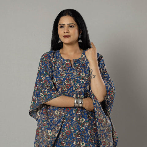 Cornflower Blue Kalamkari Print Cotton Kaftan Kurta For Women