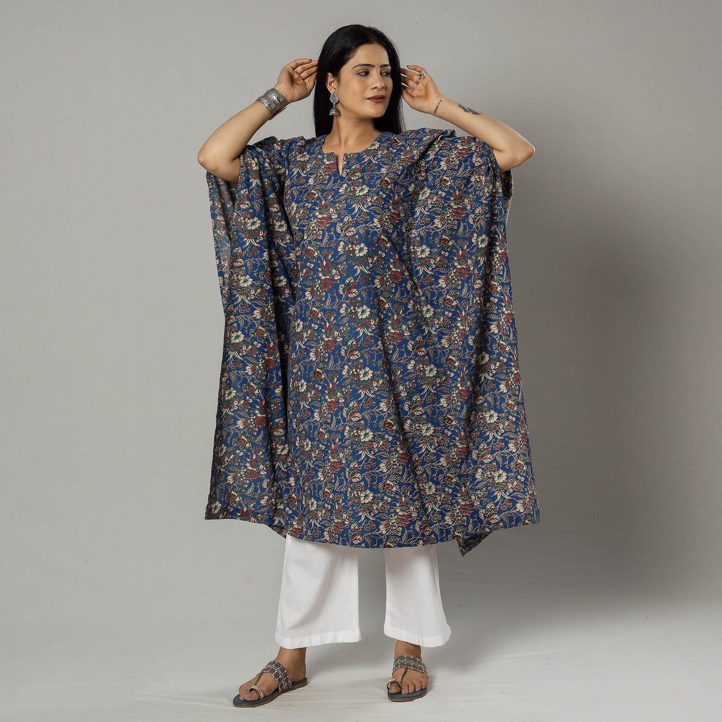 Cornflower Blue Kalamkari Print Cotton Kaftan Kurta For Women