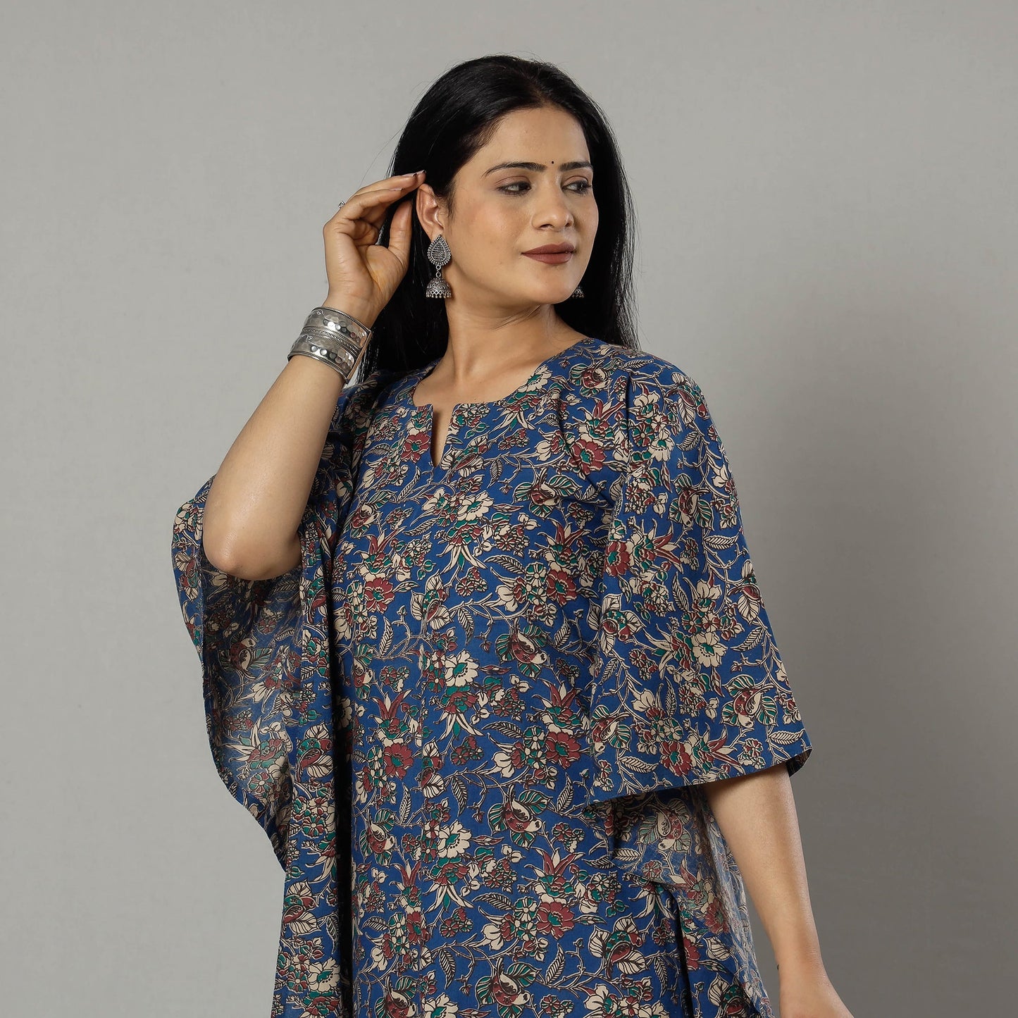 Cornflower Blue Kalamkari Print Cotton Kaftan Kurta For Women