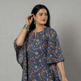 Cornflower Blue Kalamkari Print Cotton Kaftan Kurta For Women