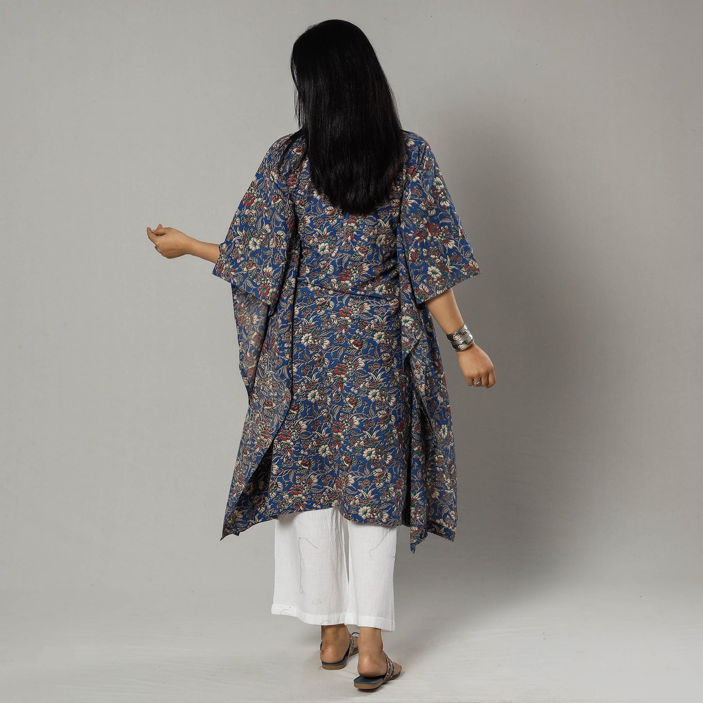 Cornflower Blue Kalamkari Print Cotton Kaftan Kurta For Women