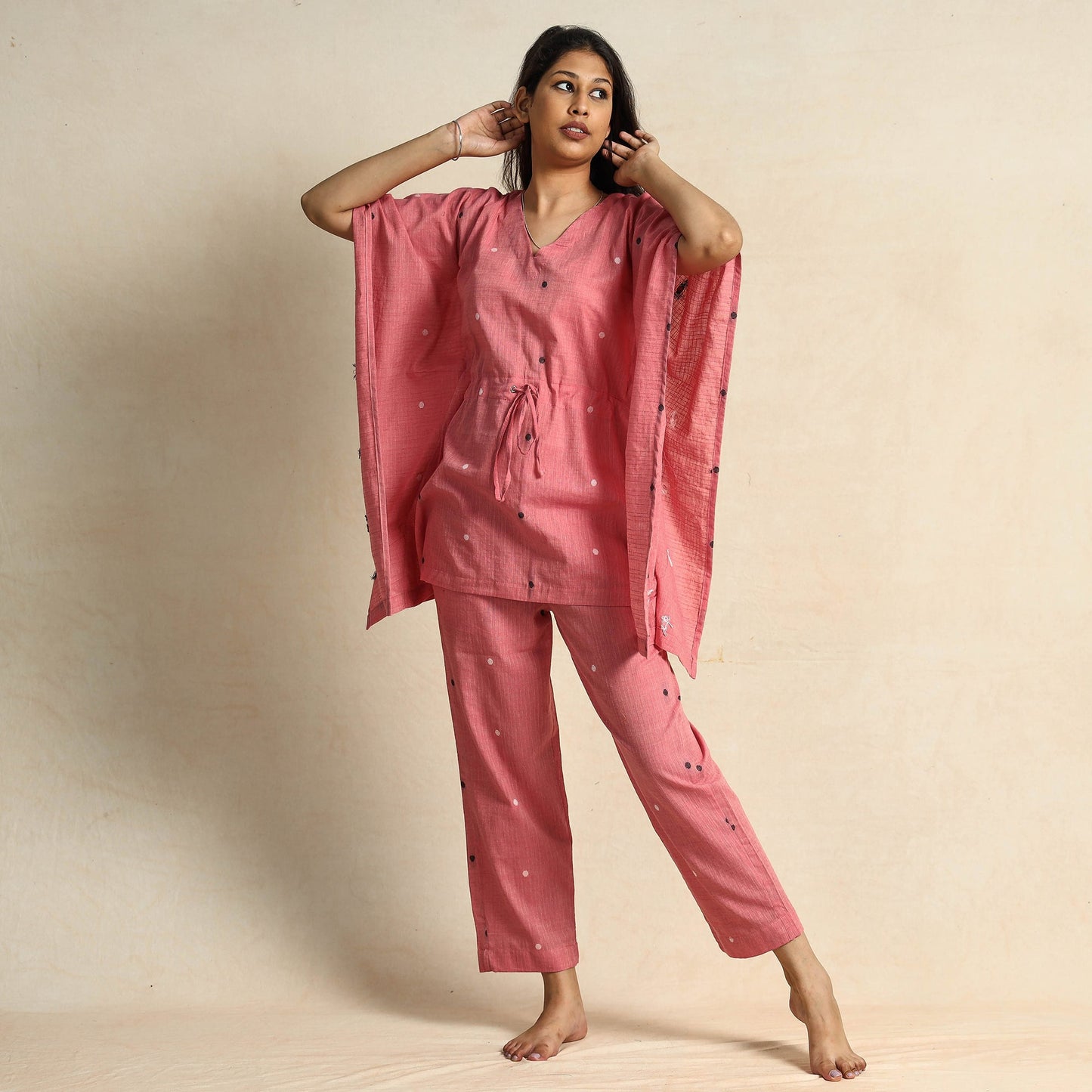 Onion pink jacquard cotton top & pyjama night suit set