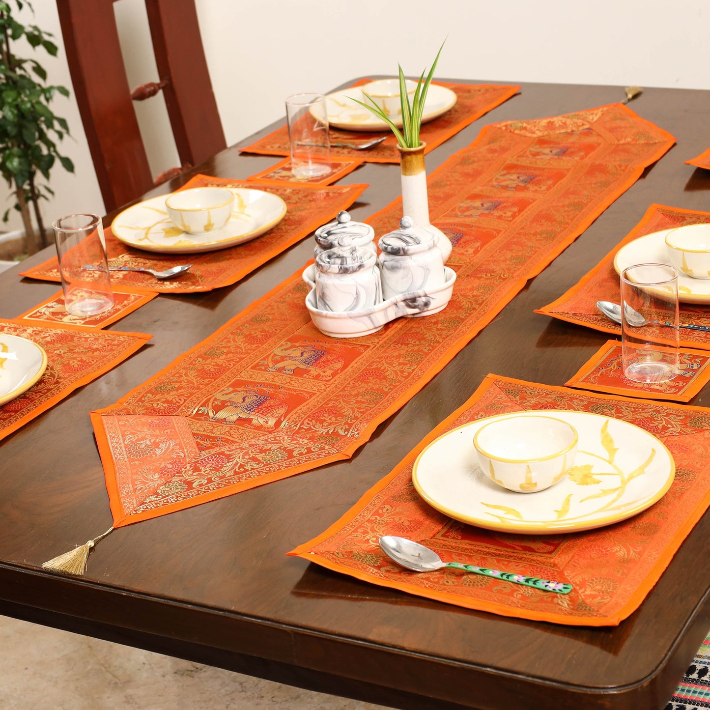 Orange - 13pc dining table linen set in brocade banarasi