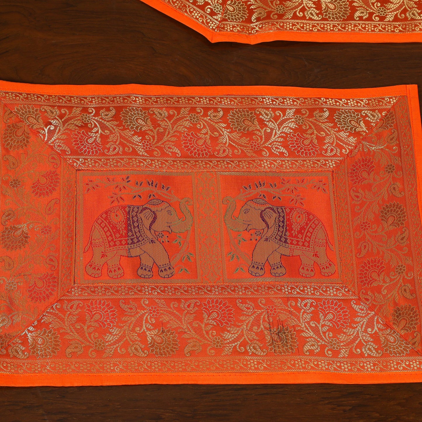 Orange - 13pc dining table linen set in brocade banarasi