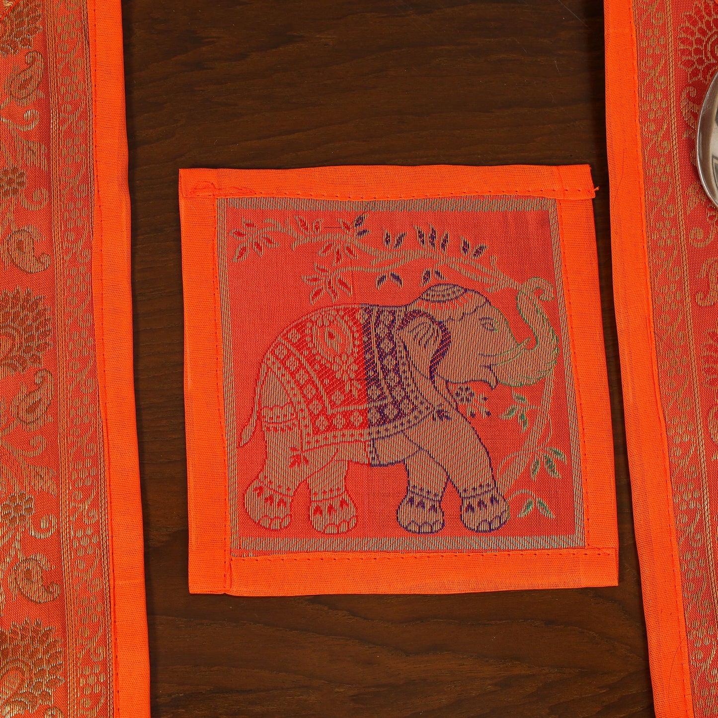 Orange - 13pc dining table linen set in brocade banarasi