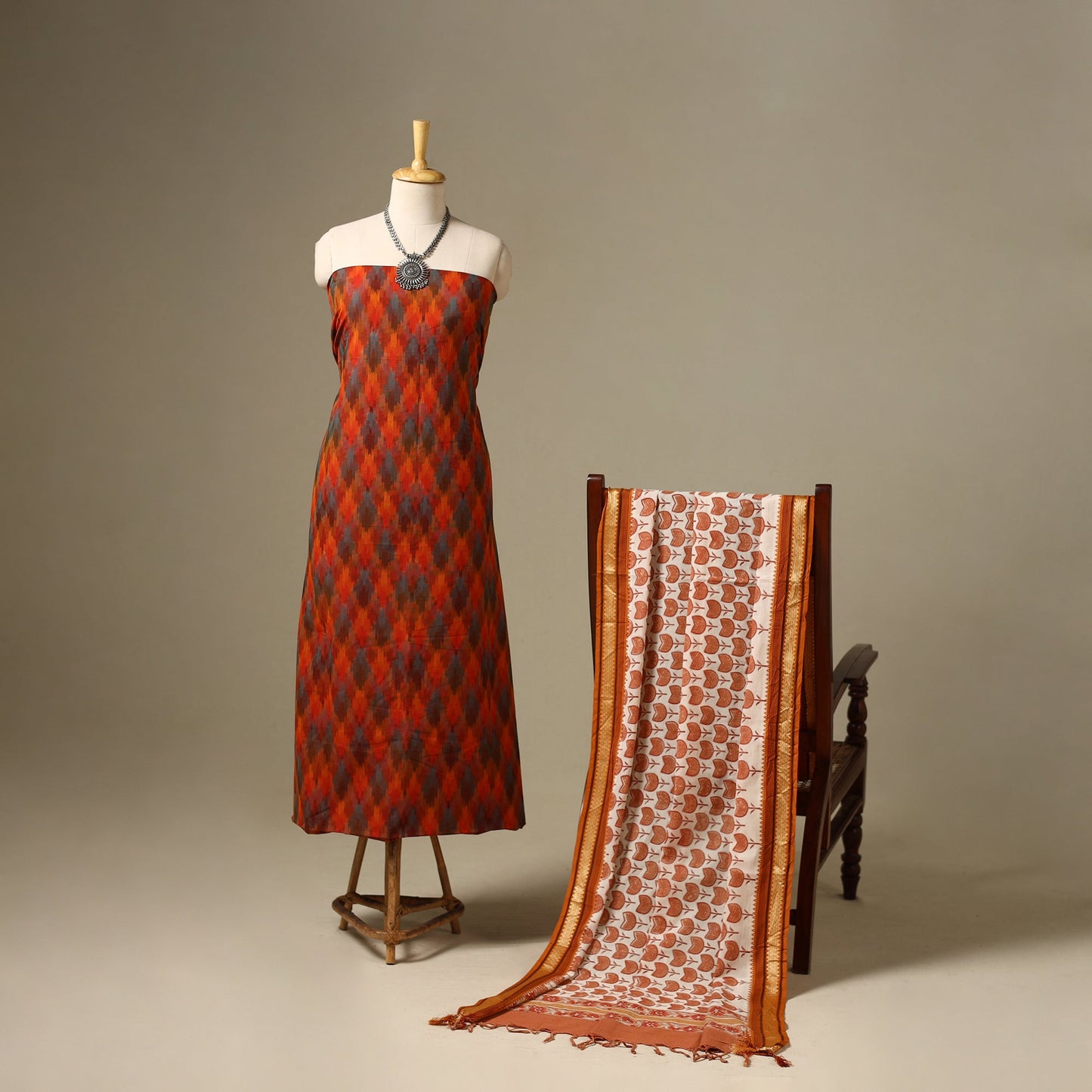 Orange 2pc Cotton Handloom Central Asian Ikat Kurta with Dupatta