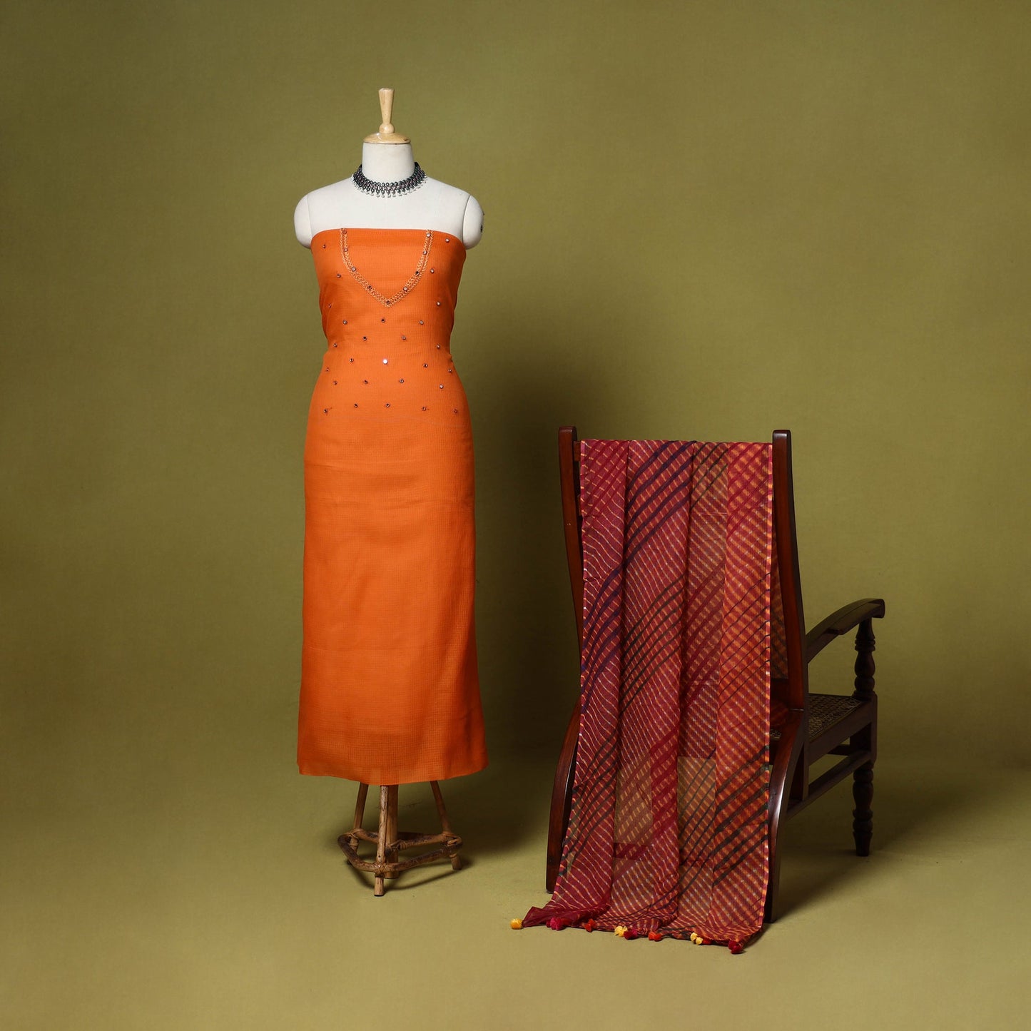 Orange - 2pc cotton unstitched hand embroidery kota doria