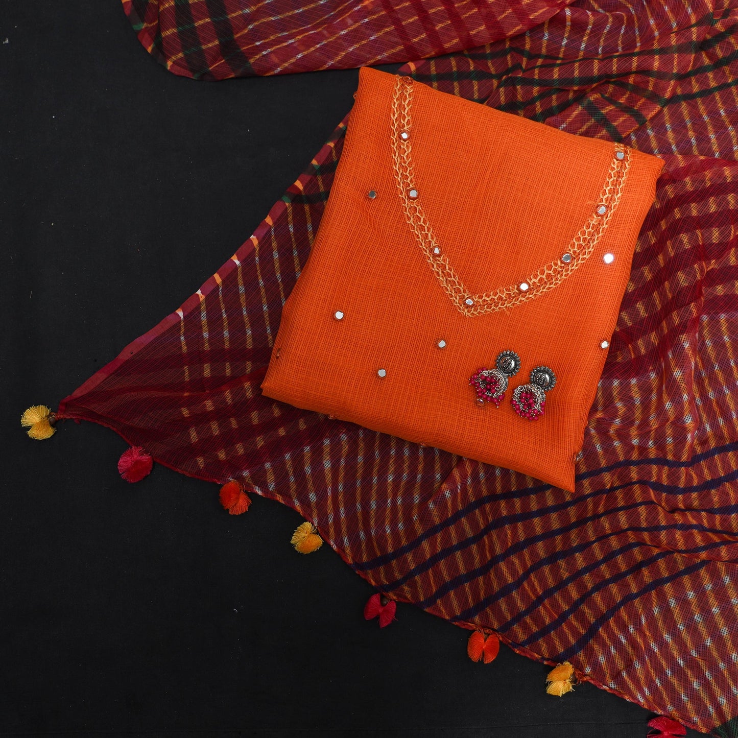 Orange - 2pc cotton unstitched hand embroidery kota doria