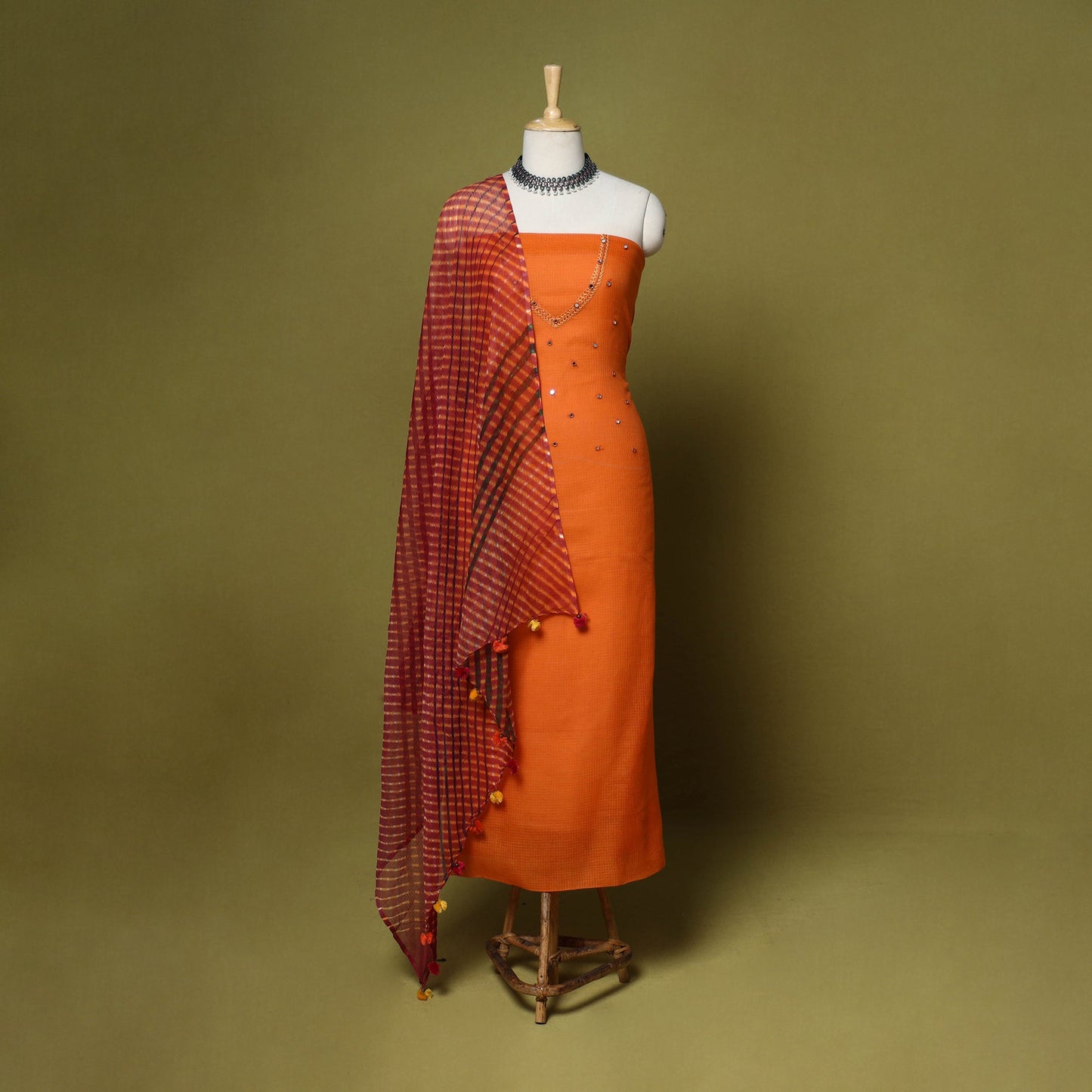 Orange - 2pc cotton unstitched hand embroidery kota doria