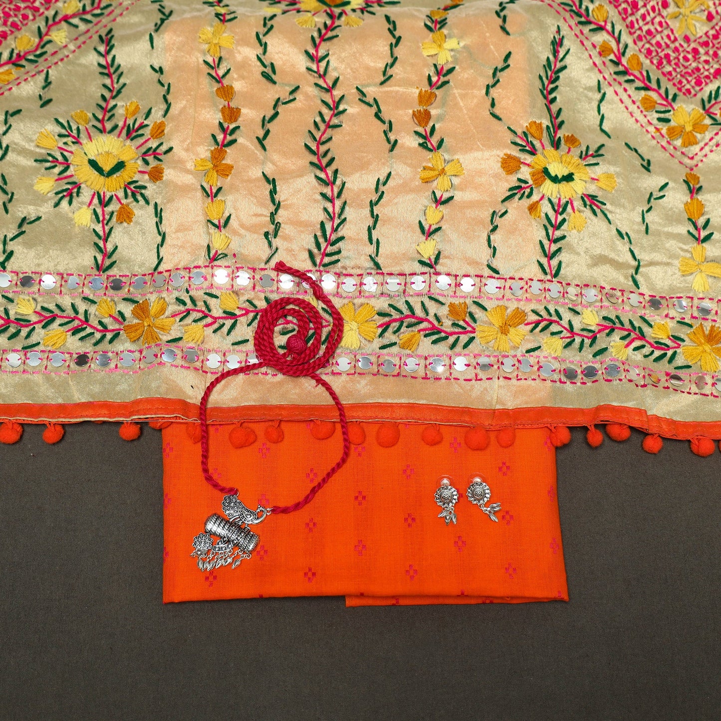 Orange - 2pc cotton unstitched jacquard dress material