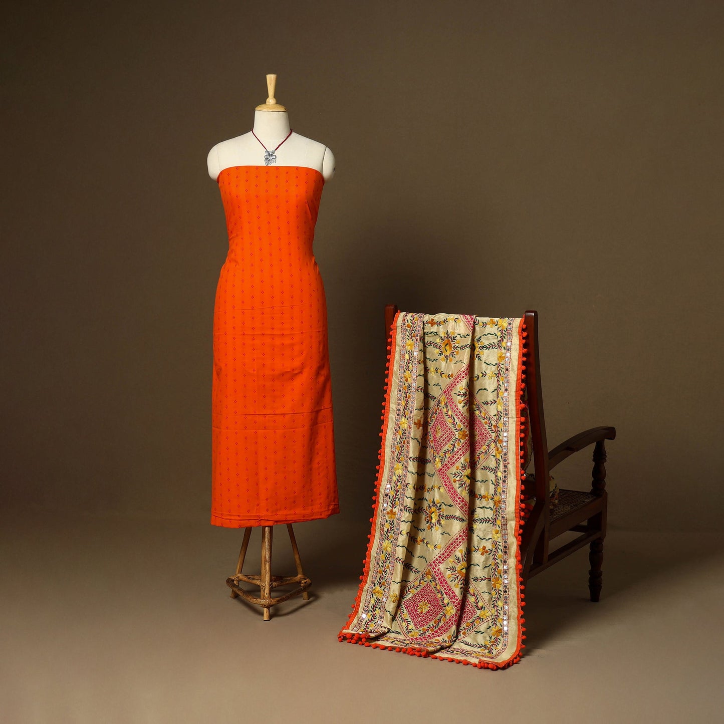 Orange - 2pc cotton unstitched jacquard dress material