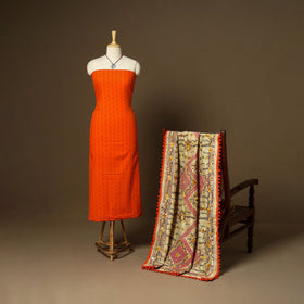 Orange - 2pc cotton unstitched jacquard dress material