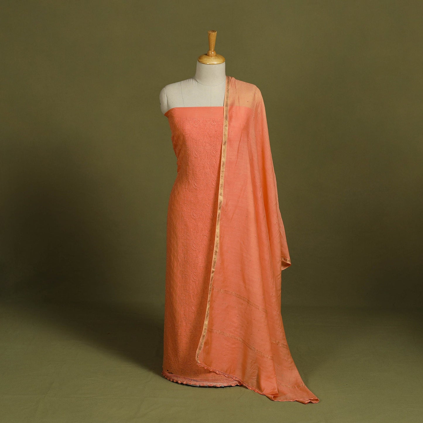 2pc Orange Hand Embroidery Chanderi Silk Chikankari Dress Material