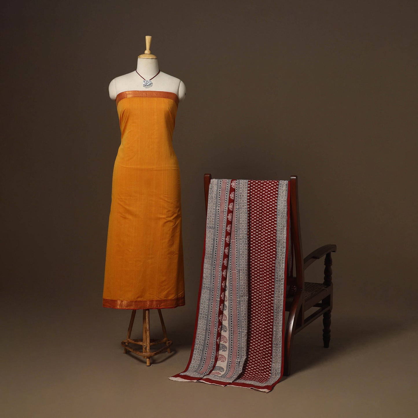 Orange - 2pc handloom cotton unstitched mangalagiri dress
