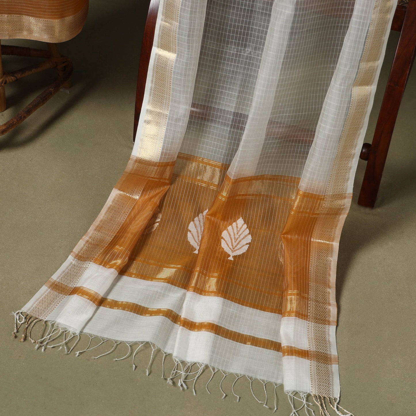 Orange 2pc Handloom Unstitched Maheshwari Dress Material with Border